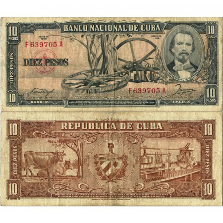 1958 * Billete Cuba 10 Pesos "C de Cespedes - Cows" (p88b) MBC
