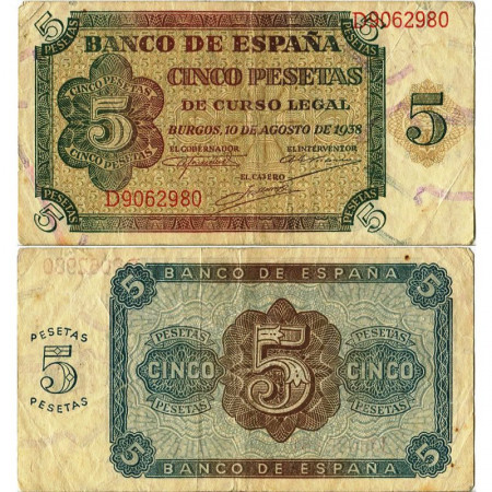 1938 * Billete España 5 Pesetas  "Burgos" (p110a) MBC+