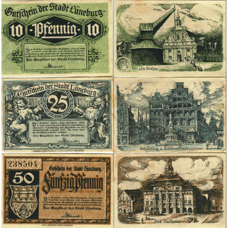 1921 * Lote 3 Notgeld Alemania 10. 25. 50 Pfennig "Baja Sajonia - Lüneburg" (L74.2a)